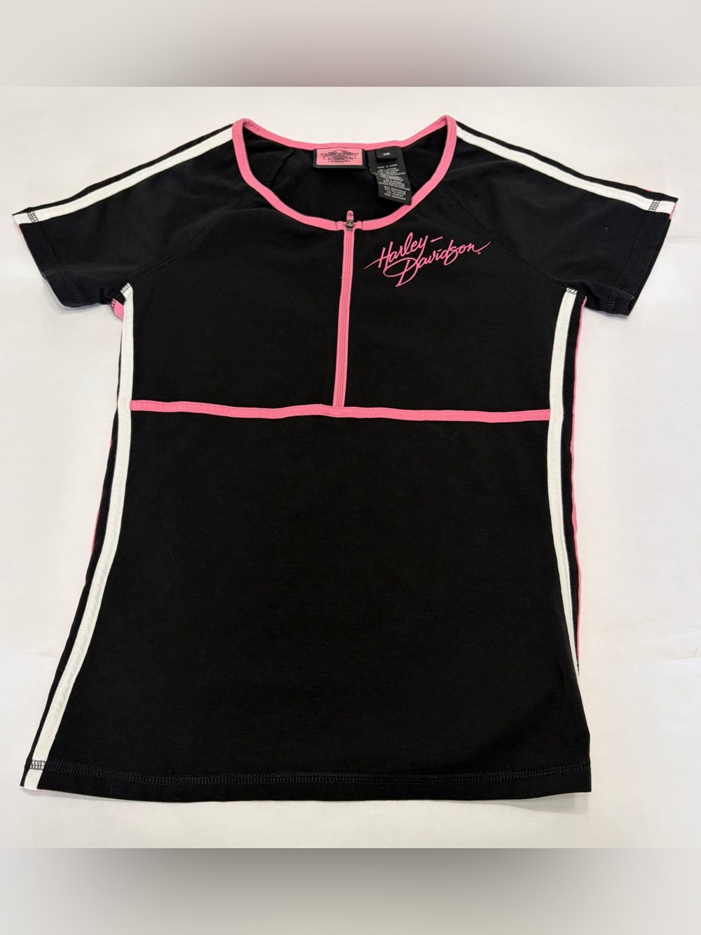 Harley Davidson Black Pink Half Zip Short Sleeve Tee Shirt XS Y2K Biker Retro